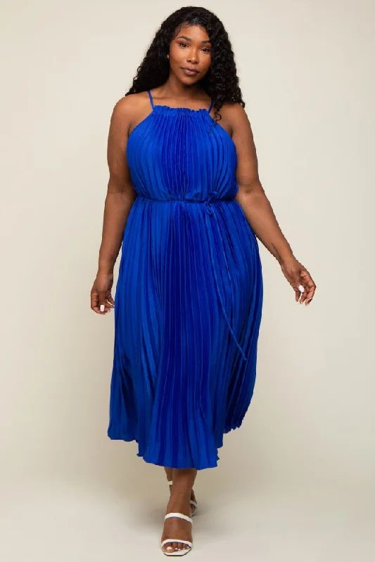 Royal Blue Pleated Sleeveless Waist Tie Plus Maxi Dress Classic Solid Maxi Dress