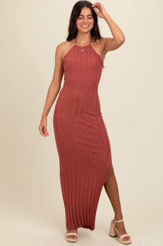 Rust Ribbed Knit Halter Neck Maxi Dress Chic Boho Print Maxi Dress