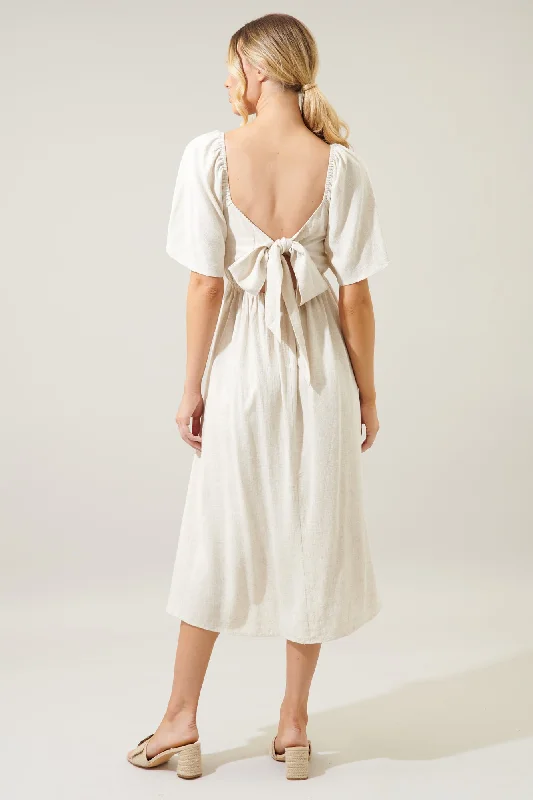 Saint Tropez Cassia Tie Back Linen Midi Dress Trendy Off-Shoulder Ruffle Midi Dress