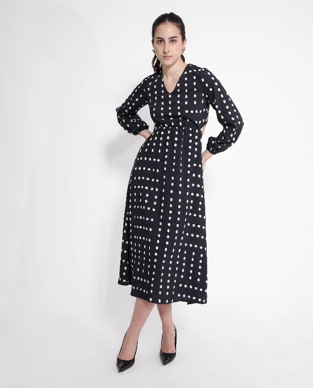 Rareism Women Sassari Black Bishop Sleeve V-Neck Tie Up A-Line Polka Print Maxi Dress Stylish Pleated A-Line Maxi Dress