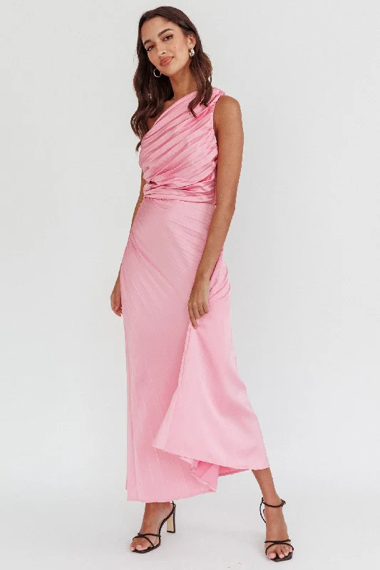 Scarlett One-Shoulder Pleat Maxi Dress Pink Elegant Maxi Dress with Lace