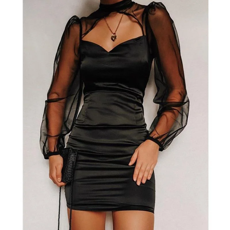 FashionSierra - Mesh Bodycon Mini Dress WomenBlack Hollow Out Long Sleeve Bodycon Mini Dress Women High Waist Sheath Vestidos Cozy Long Sleeve Mini Dress