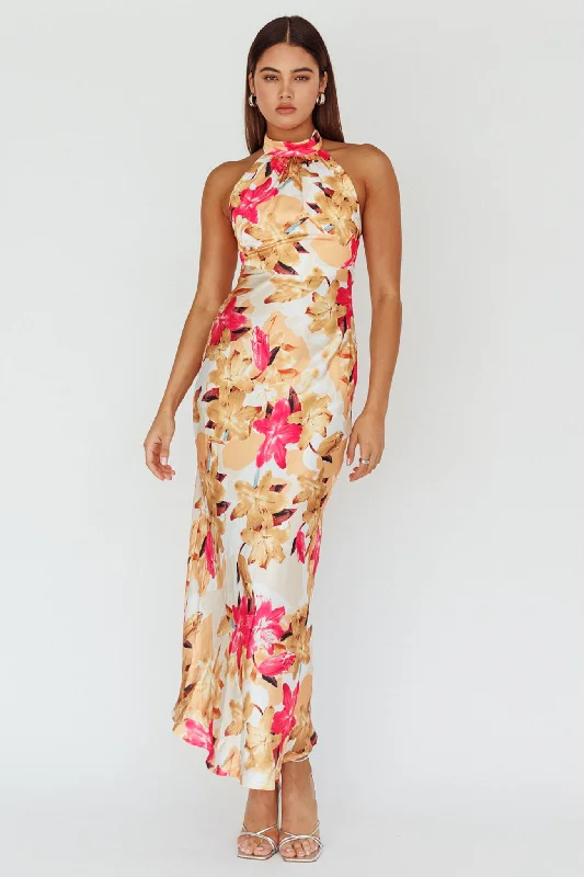 Shana Halterneck Maxi Dress Floral Pink Comfortable Long-Sleeve Maxi Dress