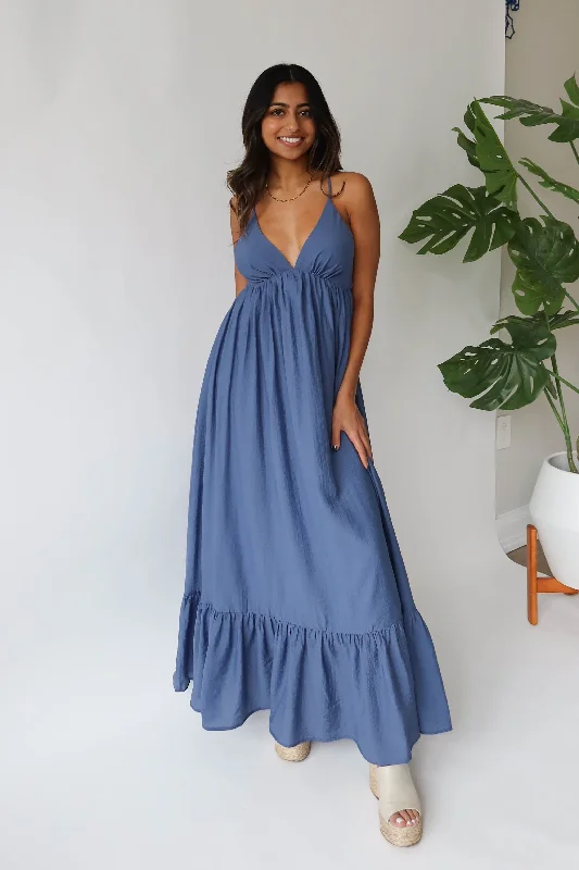 Shine Bright Maxi Dress in Dark Blue Elegant Lace-Up Maxi Dress