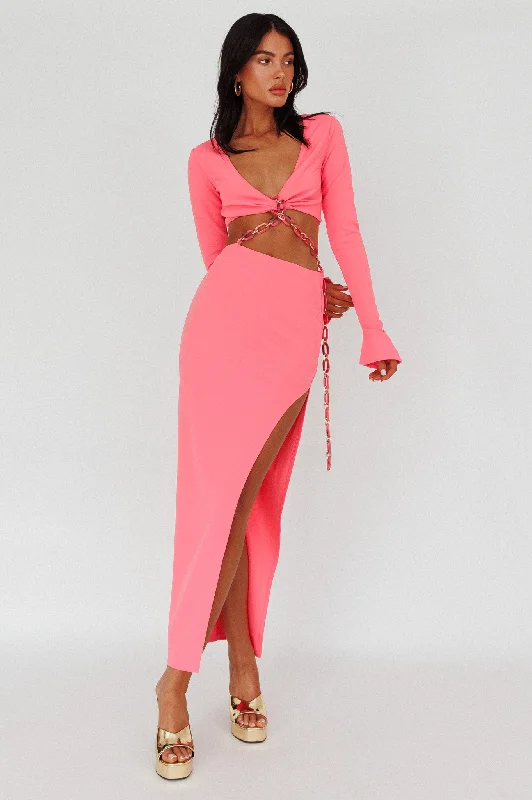 Sigournie Long Sleeve Chain Midi Dress Pink Fashionable A-Line Midi Dress