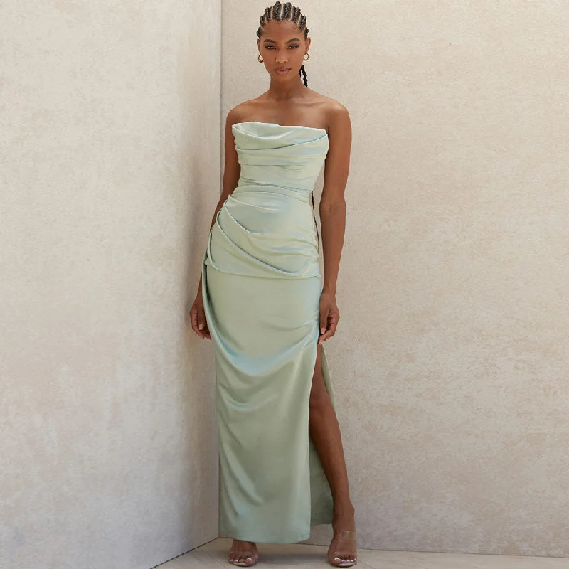 Silky Satin High Slit Ruched Strapless Party Maxi Dress - Sage Green Elegant Maxi Dress with Belt