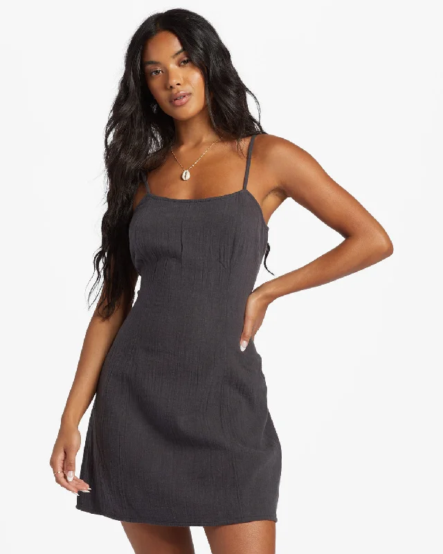 Stay Awhile Mini Dress - Black Sands Elegant Silk Mini Dress