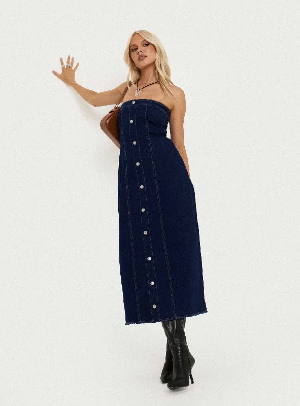 Stoltz Denim Midi Dress Blue Trendy Tiered Hem Midi Dress