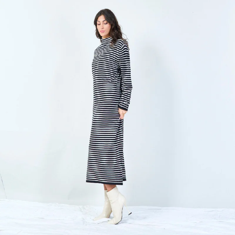 Striped turtleneck midi dress wholesale Stylish Midi Dress with Cuffs