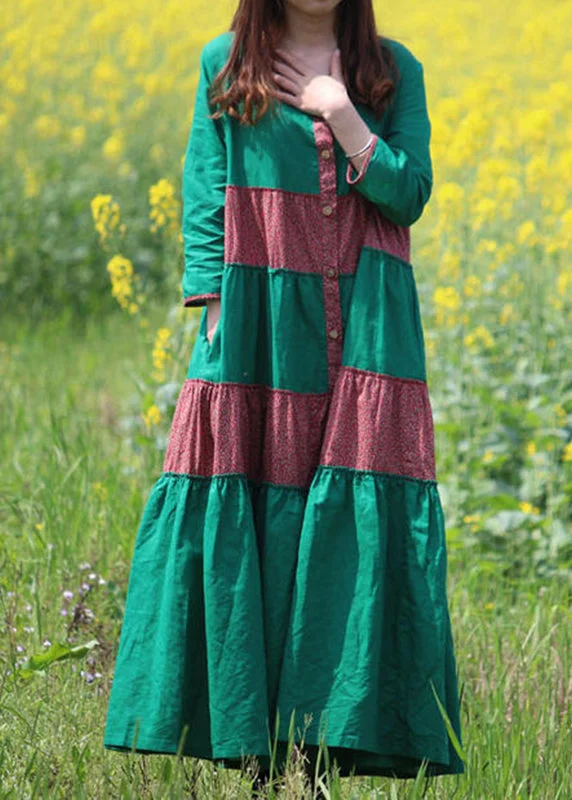 Style Green Print Pockets Maxi Dress Long Sleeve VB1029 Elegant Boho Maxi Dress