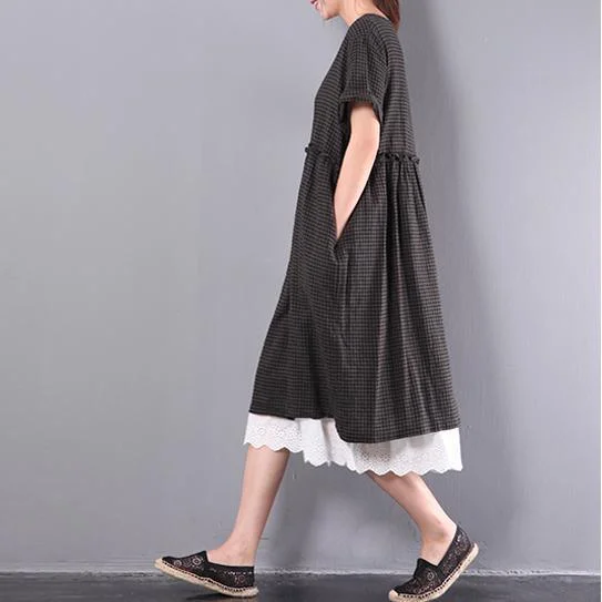 summer black plaid lace patchwork cotton dresses plus size casual sundress short sleeve maxi dress Stylish Boho Maxi Dress