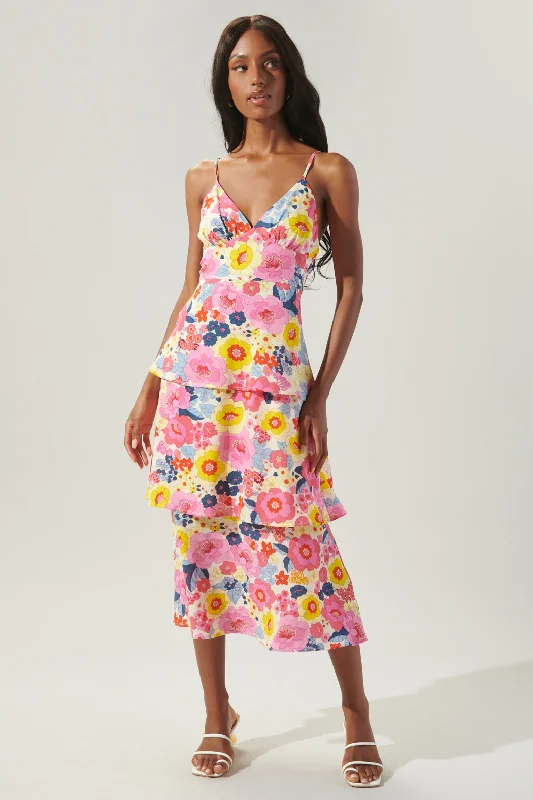 Summersalt Floral Yanni Ruffle Tiered Midi Dress Stylish Midi Dress with Cuffs