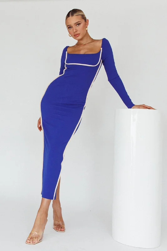 Sunny Coast Long Sleeve Piping Maxi Dress Blue Cozy Maxi Dress with Slit