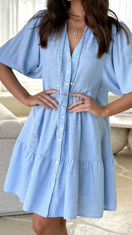 Tabitha Mini Dress - Chambray Blue Cozy Cowl Neck Mini Dress