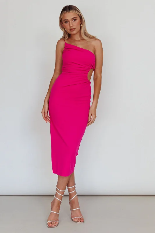 Taking Bets One Shoulder Cut-Out Midi Dress Hot Pink Trendy Boho Midi Dress