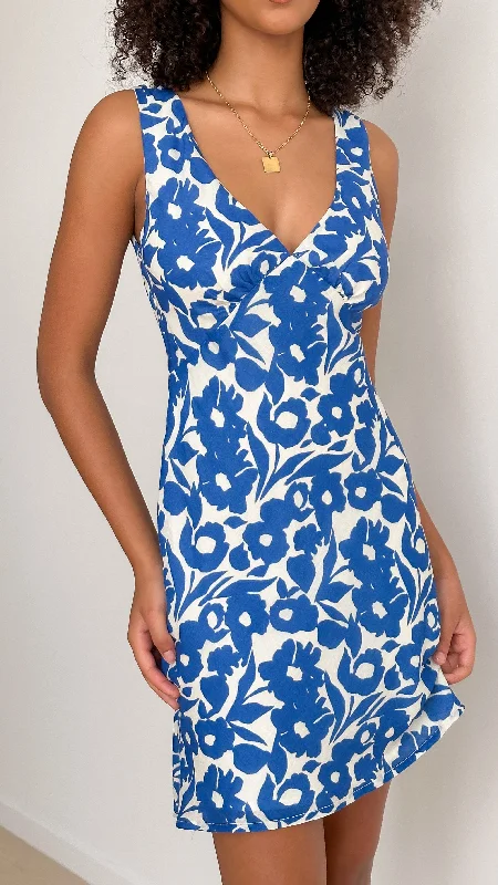 Taylor Mini Dress - Blue Floral Fashionable Denim Mini Dress