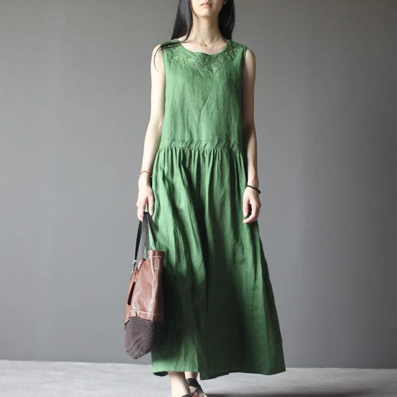 Tea Green Retro Linen Sundress Plus Size Summer Maxi Dress Comfortable Maxi Dress with Belt