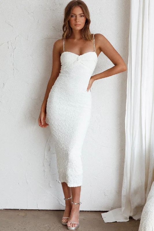 Tiffani Diamante Strap Midi Dress White Comfortable Ribbed Midi Dress