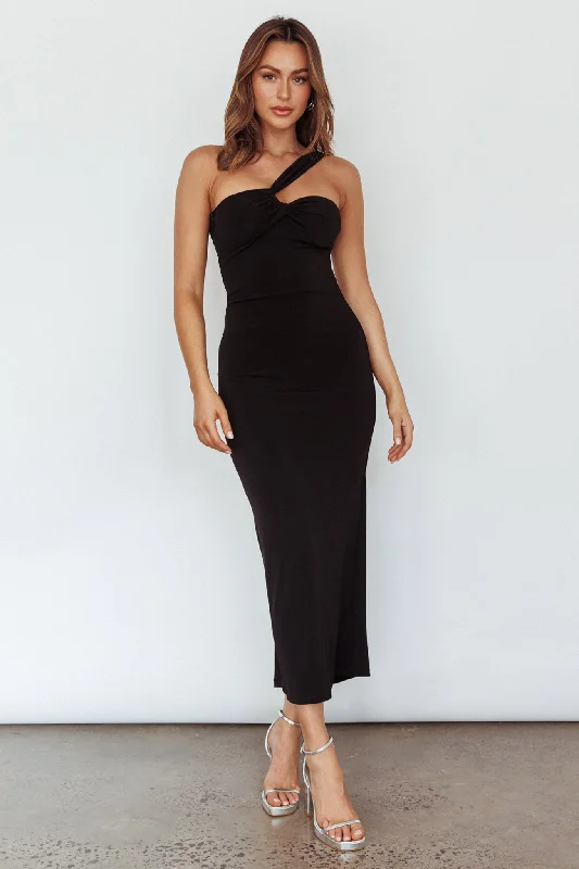 Trinny One-Shoulder Ruched Back Midi Dress Black Stylish Button-Up Midi Dress