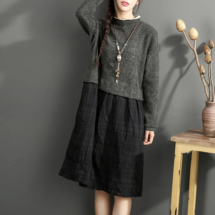 vintage gray black patchwork long linen dress plus size o neck cotton maxi dress casual long sleeve cotton clothing Classic Tulle Maxi Dress