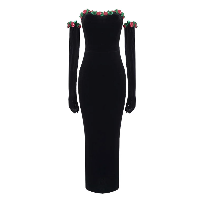 Vintage Sequined Floral Opera Sleeve Strapless Velvet Bodycon Maxi Dress Comfortable Casual Maxi Dress