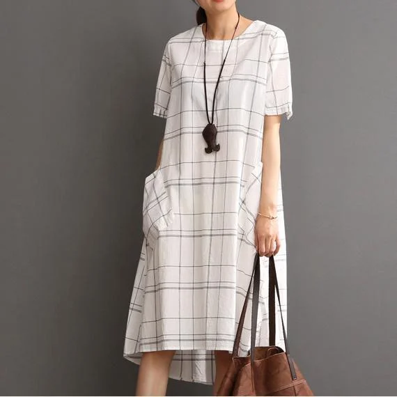 White Cotton Dress Plaid Sundress Plus Size Summer Maxi Dress Elegant Maxi Dress with Ruffles