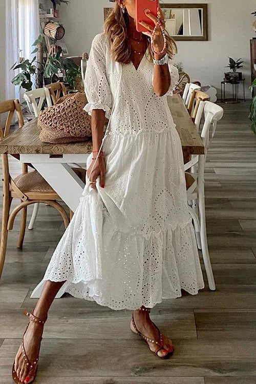 White Eyelet Tassels Tiered Maxi Dress Stylish Maxi Dress with Pleats