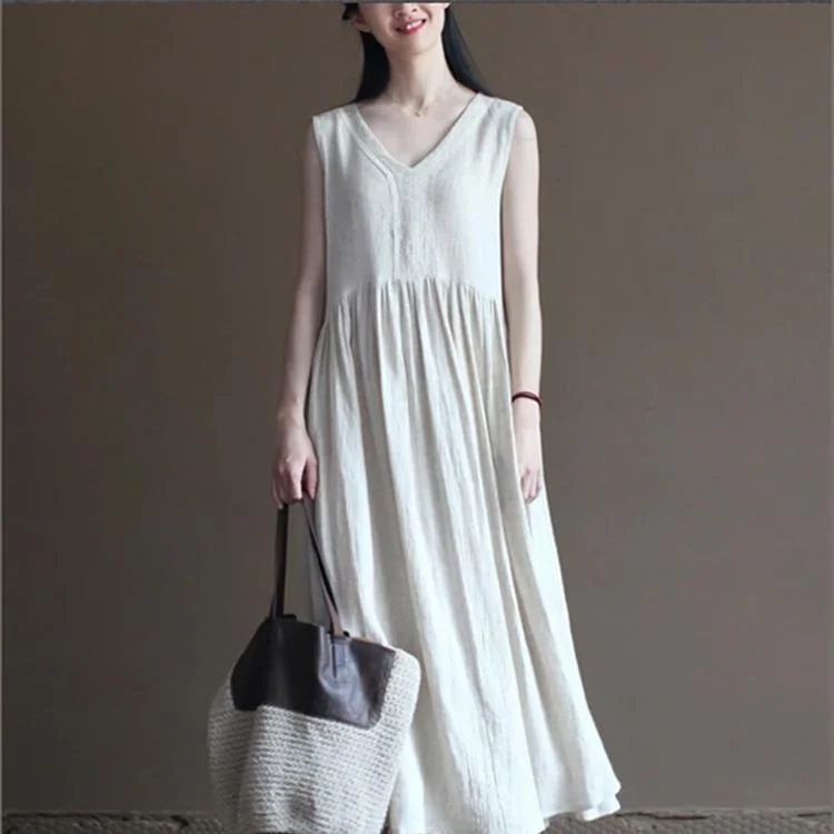 White Flowy Linen Dress Summer Long Maxi Dress Sundresses Beach Holiday Dress Trendy Floral Print Maxi Dress