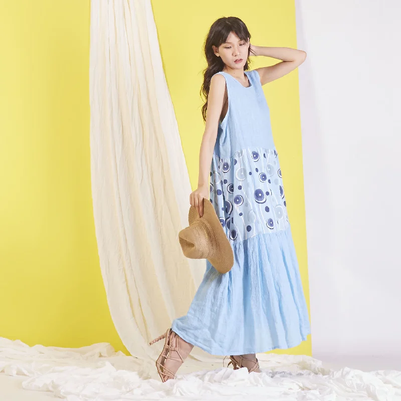 Wholesale linen sleeveless maxi dress with print details Fashionable High-Low Maxi Dress