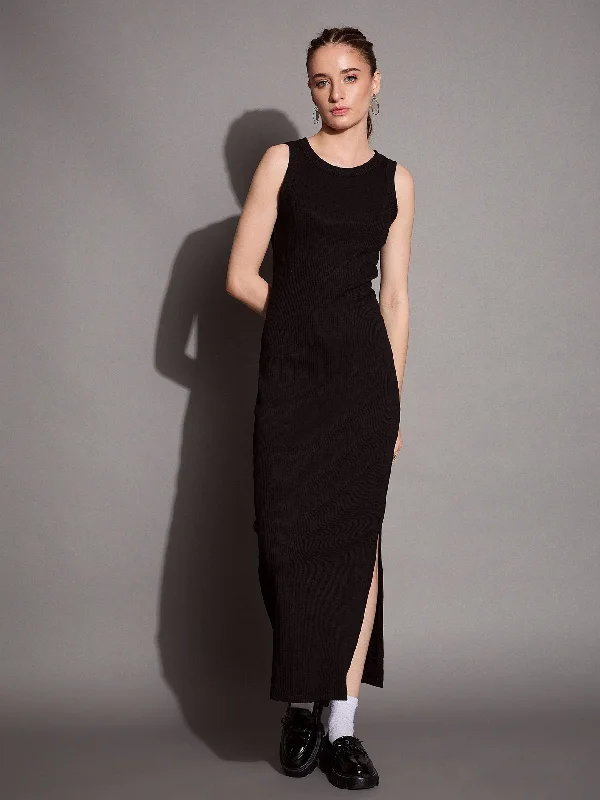 Women Black Ribbed Sleeveless Bodycon Maxi Dress Comfortable Ruffle Maxi Dress