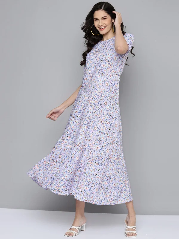 Women Blue Ditsy Floral Puff Sleeve Tiered Maxi Dress Chic Summer Maxi Dress