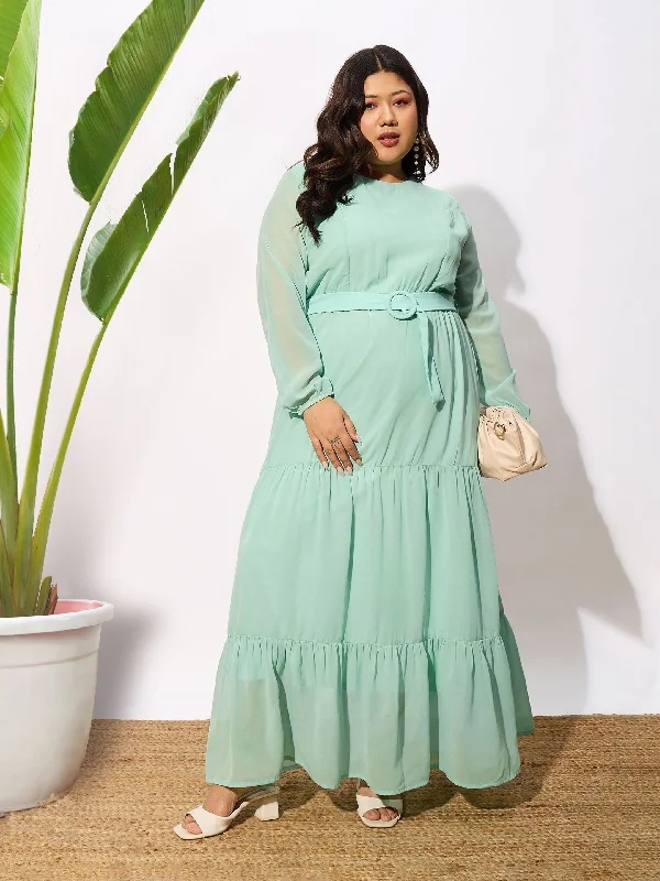 Women Sea Green Tiered Maxi Dress Fashionable Layered Maxi Dress