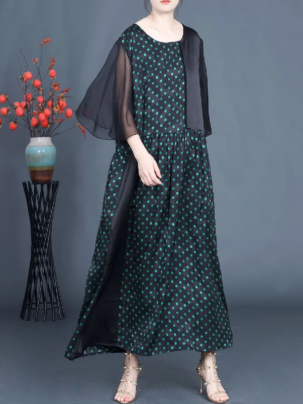 Women Summer Artsy Dot Spliced Loose Maxi Dress CV1048 Casual Maxi Dress with Pockets