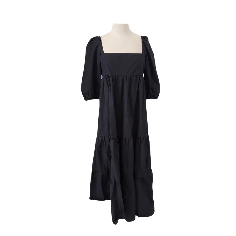 ZARA Black Square-neck Cotton Maxi Dress | Gently Used | Elegant Maxi Dress with Ruffles