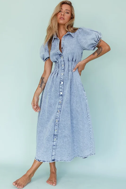 Zurich Pleated Waist Midi Dress Denim Blue Fashionable High-Neck Midi Dress