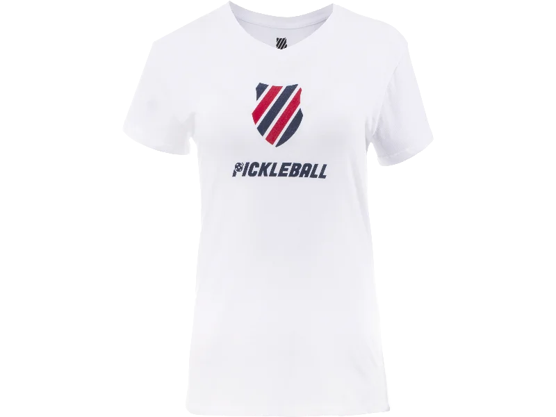 194432-114 | WOMENS PICKLEBALL T-SHIRT | WHITE/BLUE/RED Plaid T-Shirt Polka Dot Checkered