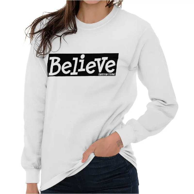 Believe Christian Strong Long Sleeve T-Shirt V-Neck T-Shirt Long Sleeve Cotton