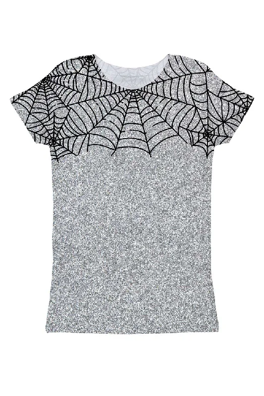 Bugs & Kisses Zoe Silver Grey Spider Web Glitter Print T-Shirt - Women Collared Crew Neck Turtle Neck