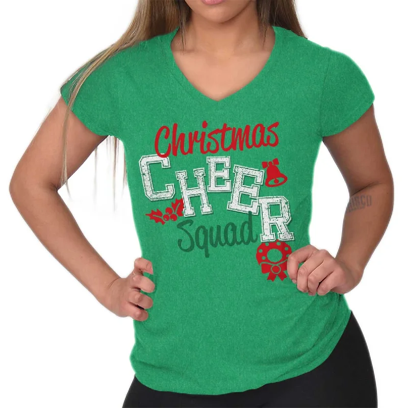 Cheer Squad Christmas Junior Fit V-Neck T-Shirt Rayon Velvet Corduroy