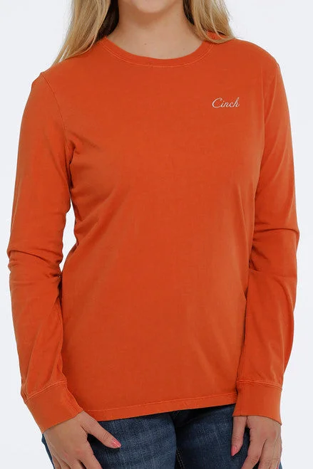 Cinch Orange Rust Long Sleeve Tee Satin Blend Silk Blend Wool Blend