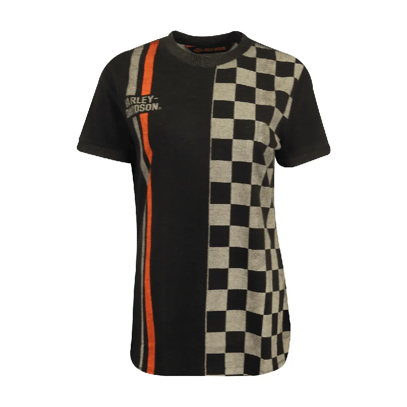 Branded  Women's T-Shirt Checkered Racing Stripes S/S (S38) Solid Print Embellished