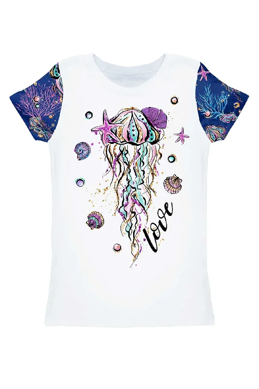 Jellyfish Zoe White & Blue Sea Print T-Shirt - Women Striped Floral Plaid