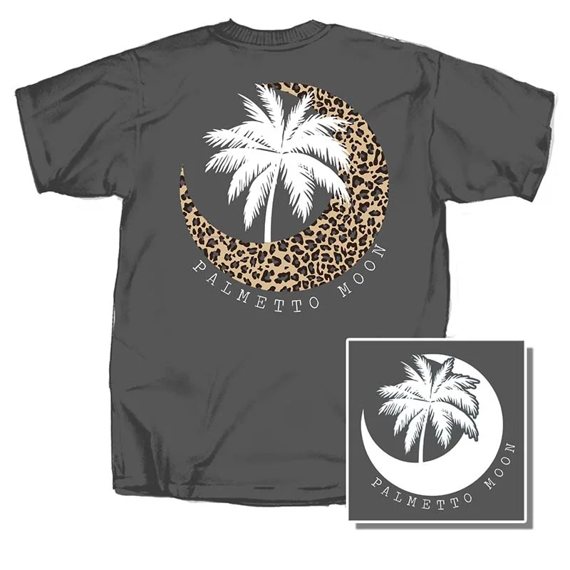 Leopard Moon Palm Short Sleeve T-Shirt in Charcoal Embroidered Appliqued Beaded