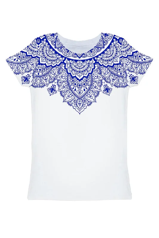 Nirvana Zoe White & Blue Geometric Boho Print T-Shirt - Women Boxy Fit Fitted Loose