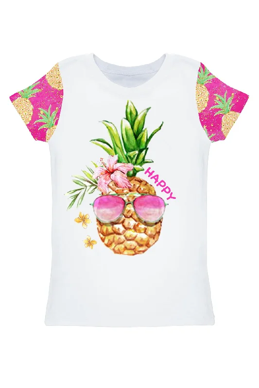 Piña Colada Zoe White Tropical Print Summer T-Shirt - Women Ribbed T-Shirt High Neck Heavyweight