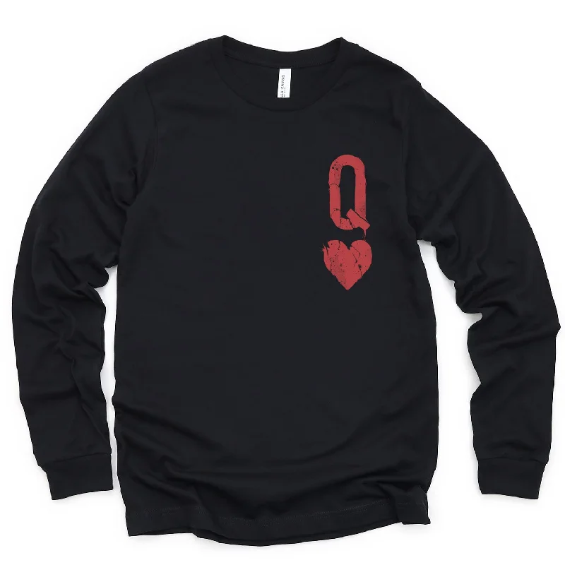 Queen of Hearts Distressed Custom Print Long Sleeve T-Shirt Notch Collar Peter Pan Collar Cowl Neck