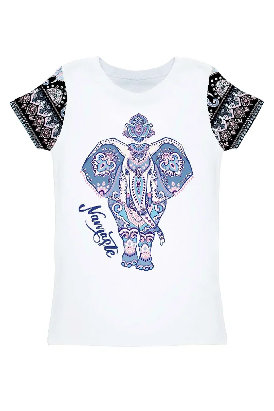 Sri Lanka Zoe White Boho Elephant Print Designer T-Shirt - Women Seamless Knitted Crochet