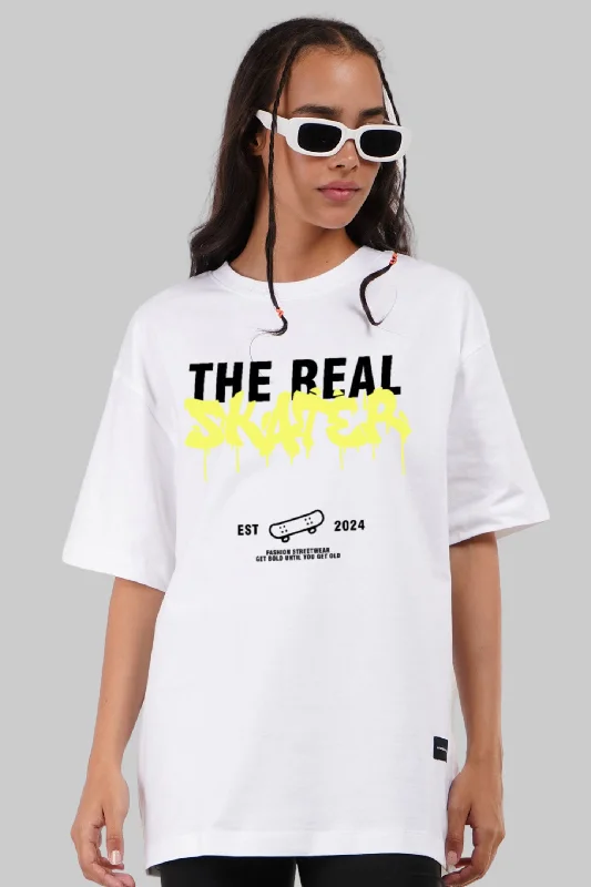 The Real Skater White Oversized Fit T-Shirt Women Fleece Nylon Spandex