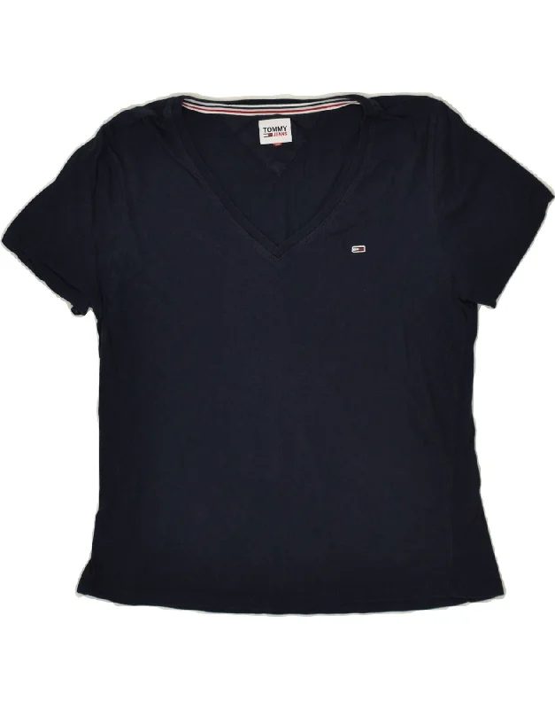 TOMMY HILFIGER Womens T-Shirt Top UK 12 Medium Navy Blue Zippered Front Buttoned Front Snap Front