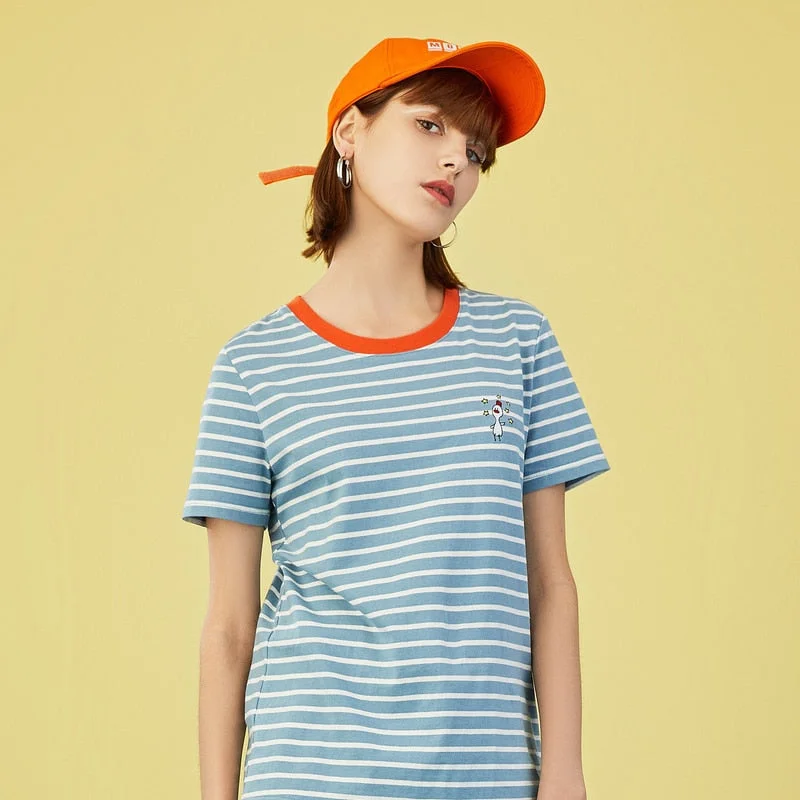 SummerWomen T-Shirt (Casual Stripe Print Cartoon Logo Round Neck Short Sleeve) Notch Collar Peter Pan Collar Cowl Neck